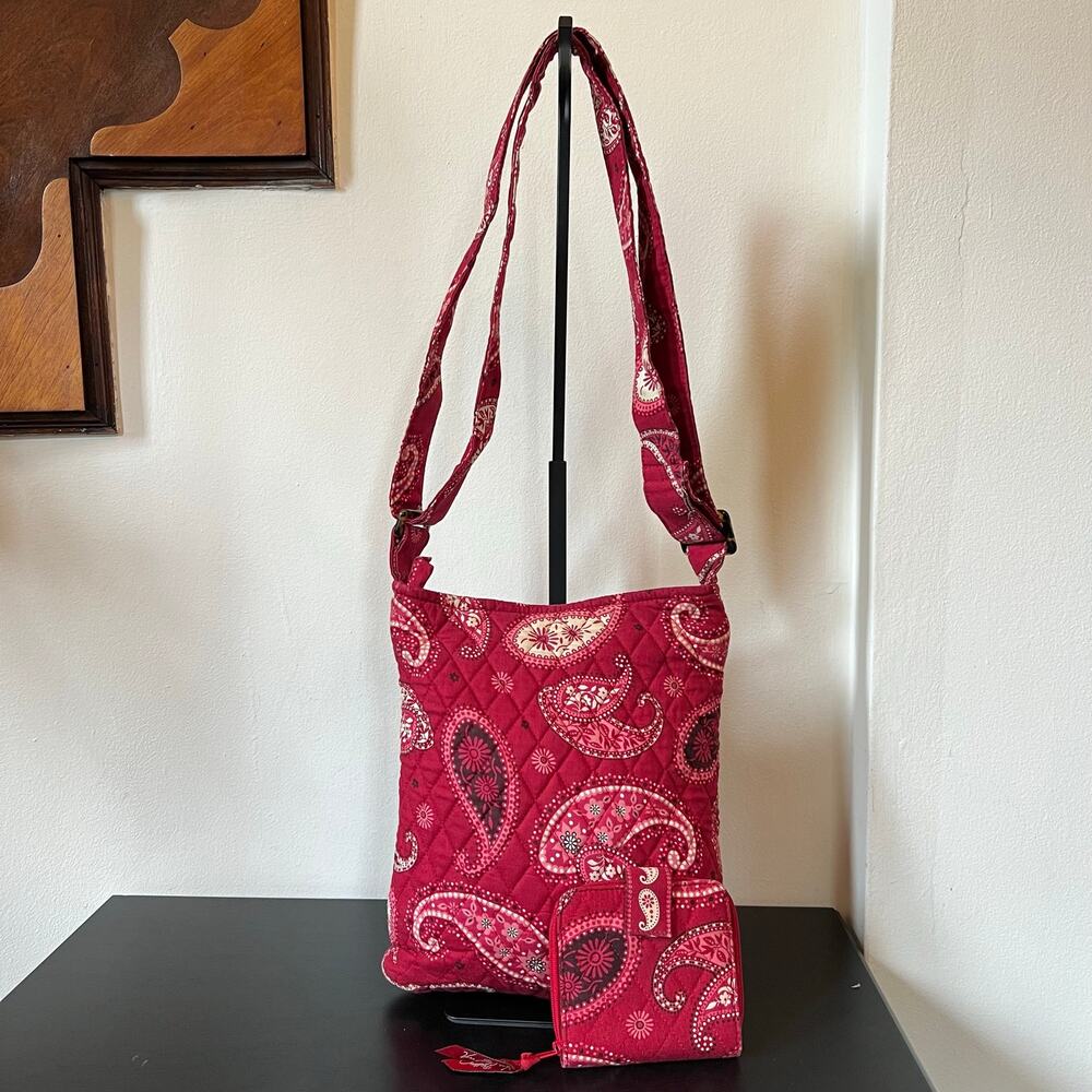 Vera Bradley 2-Piece Red Pink Paisley Quilted Crossbody Bag with Matching Wallet